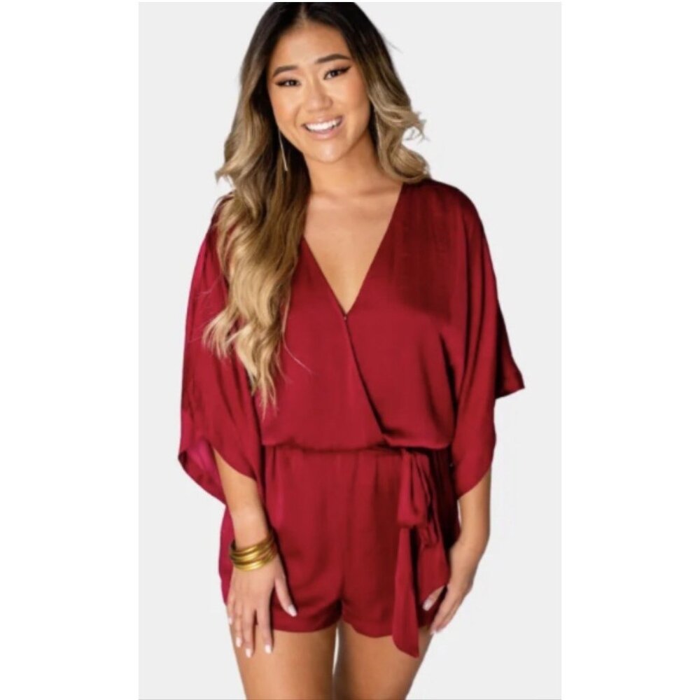 Buddy Love Romper Womens Large Burgundy Style Maya Kimono Sleeve Wrap Belted